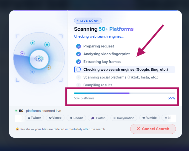 Reverse Video Search tool processing input