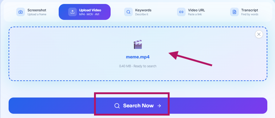 Reverse Video Search tool input area