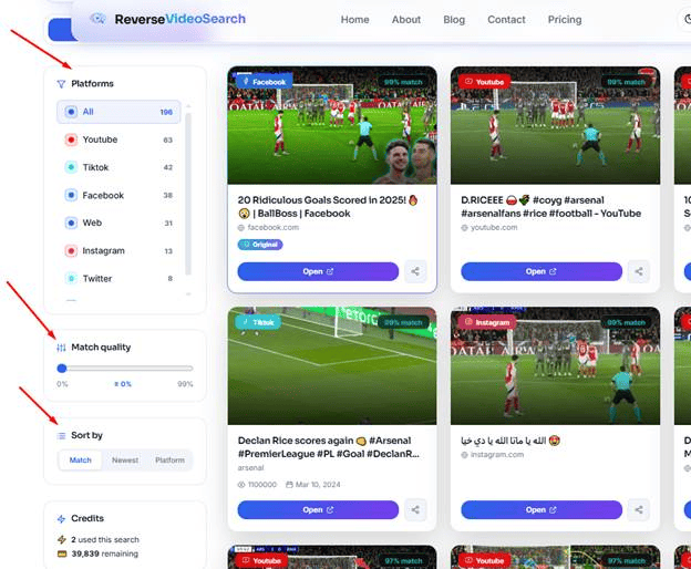 Reverse Video Search result page