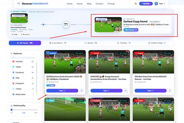 Reverse Video Search result page