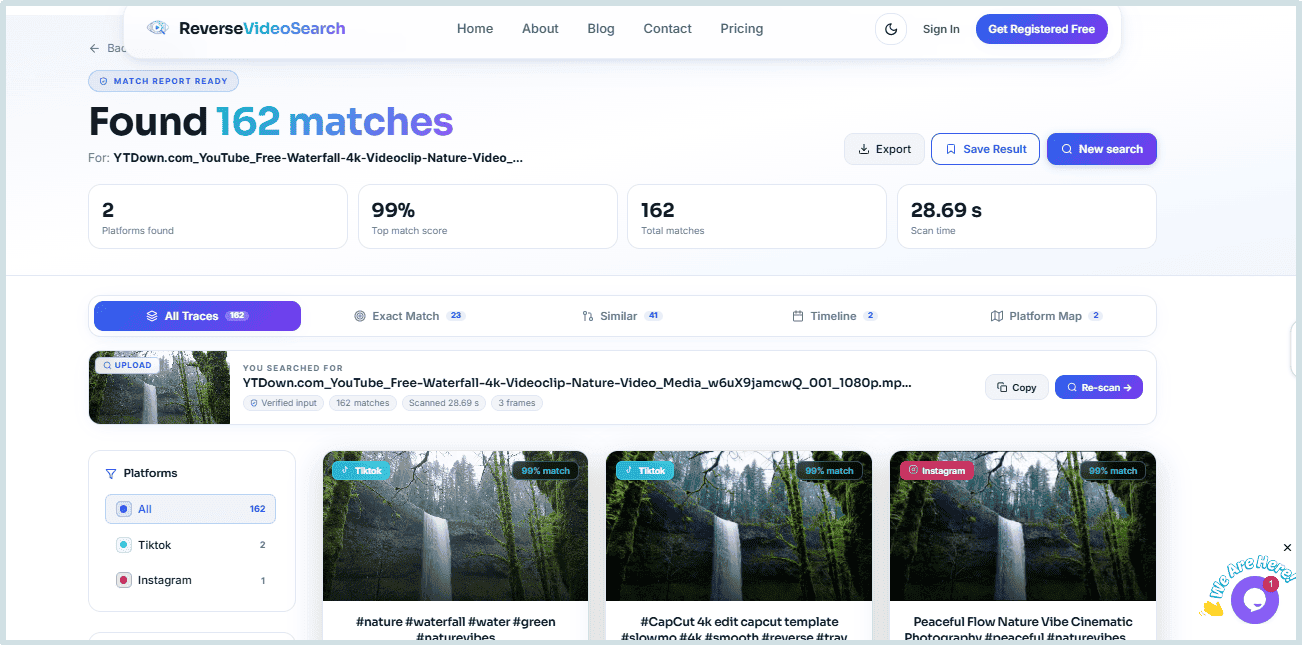 Reverse Video Search result page