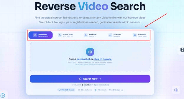 reverse video search tool's input method selection screenshot